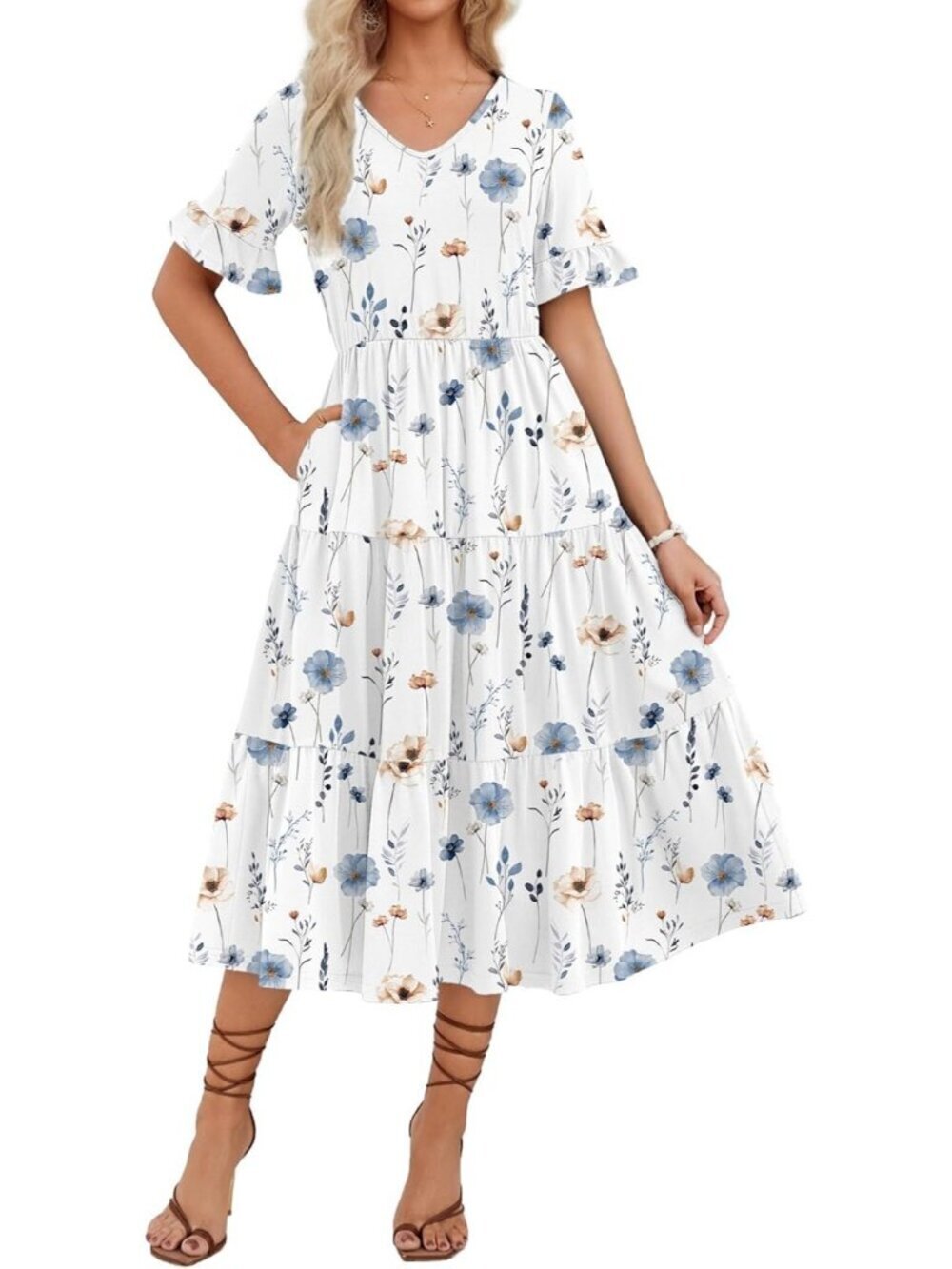 Zeagoo Women's Floral White Tiered Casual Neck Ruffle Short Midi Maxi Dress